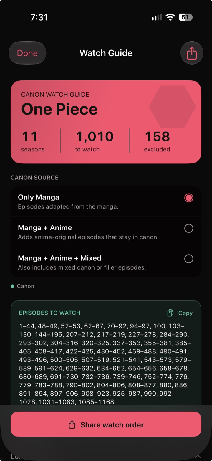 Canon watch guide for One Piece