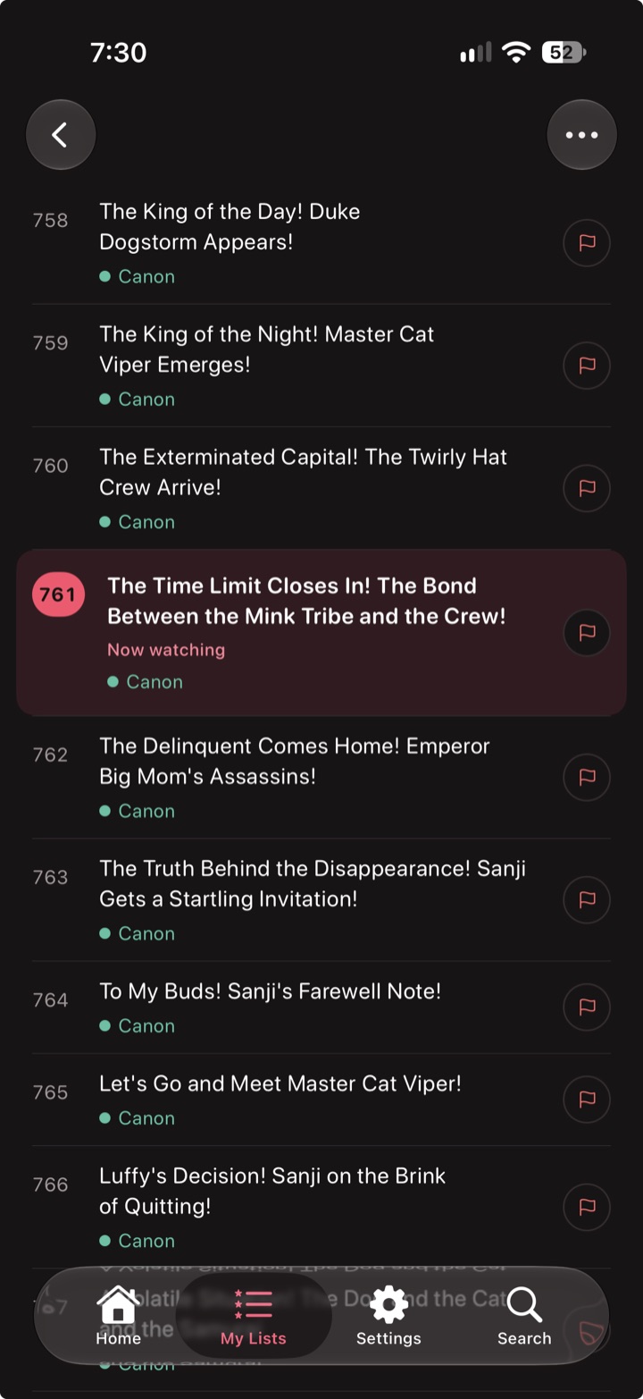 Episode list with canon labels