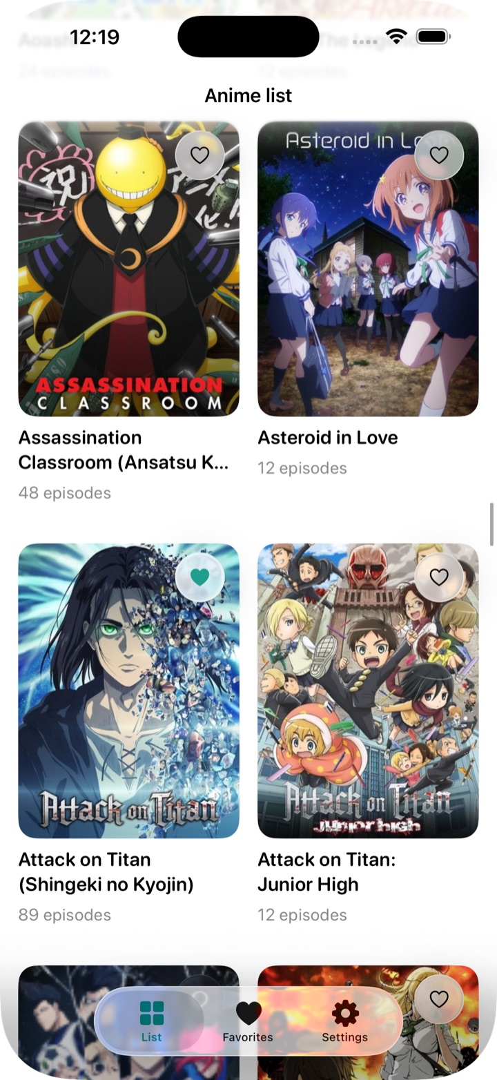 Anime list browsing screen