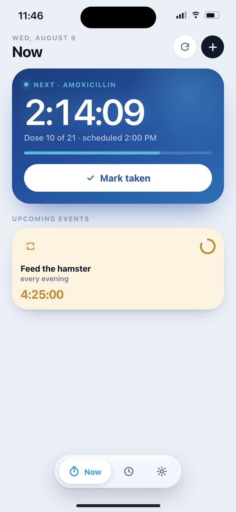 Kinhour on Dad's iPhone, counting down to Amoxicillin and feeding the hamster
