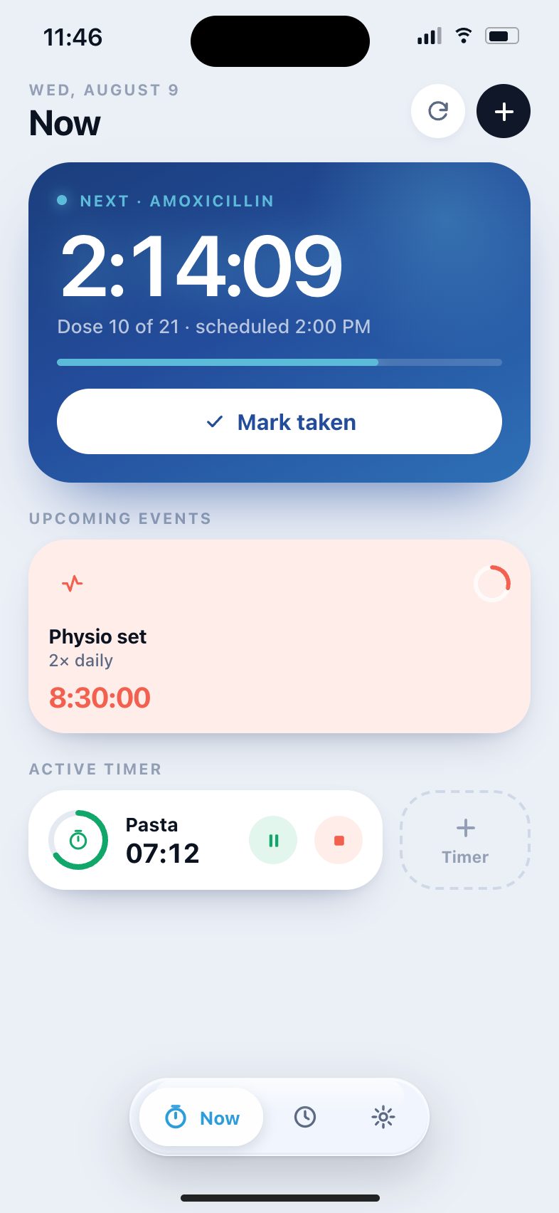 Kinhour on Grandma's iPhone, showing the same countdown plus a physio set
